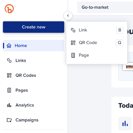Screenshot che mostra dove fare clic su Crea nuovo per trovare il pulsante QR Code nel menu a tendina 